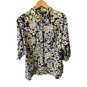 Karen Scott Black White Yellow Floral 3/4 Sleeve Button Up Blouse Top Sz 2X